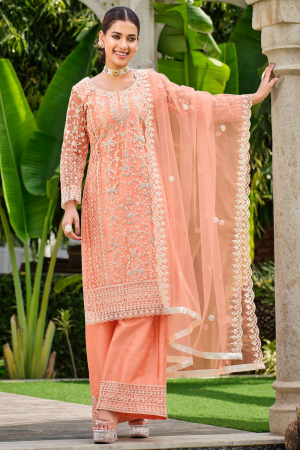 Peach Pure Butterfly Net Palazzo Suit