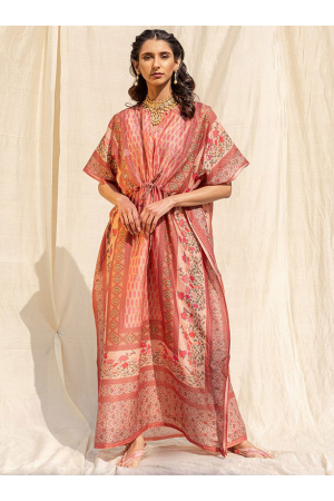 Peach Soft Silk Digital Printed Kaftan Gown