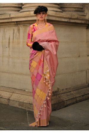 Peach Soft Silk Handloom Woven Saree