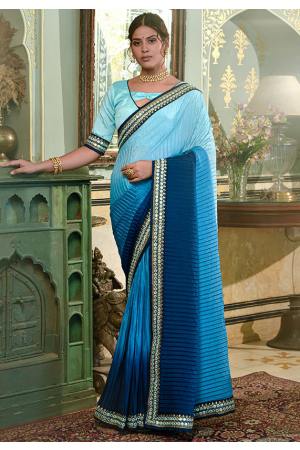 Peacock Blue and Ice Blue Embellished Chinnon Saree
