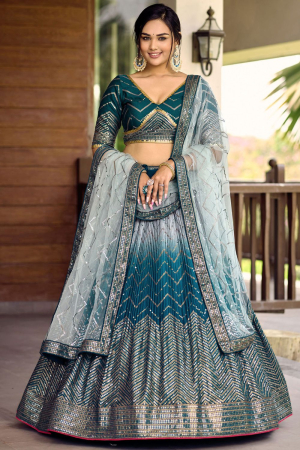 Peacock Blue and Silver Sequins Embroidered Chinnon Lehenga Choli