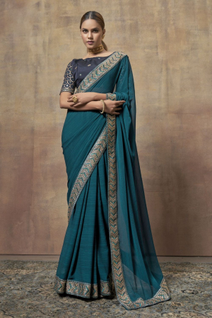 Peacock Blue Chiffon Saree with Embroidered Blouse