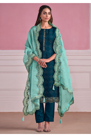 Peacock Blue Chikankari Embroidered Trouser Kameez Suit