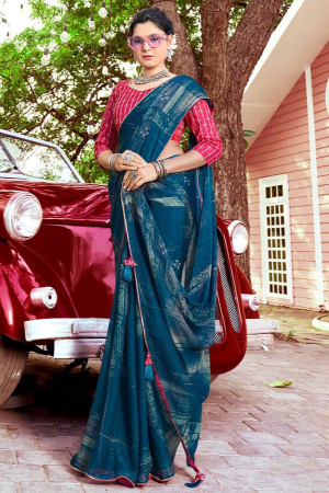 Peacock Blue Crepe Saree with Embroidered Blouse