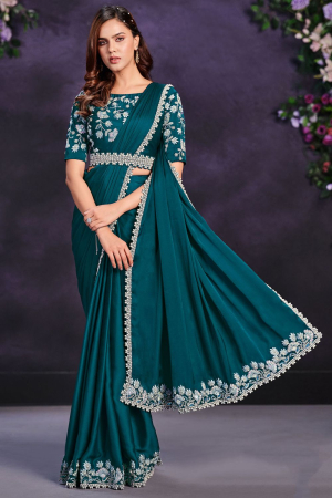 Peacock Blue Crepe Satin Silk Designer Ready to Wear Saree