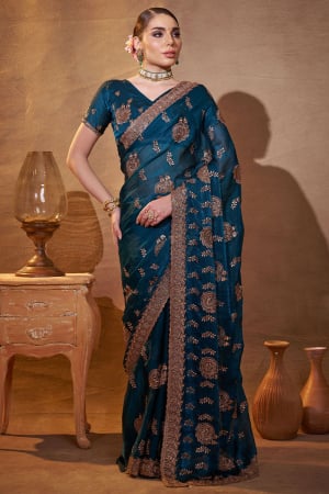 Peacock Blue Designer Embroidered Saree for Ceremonial