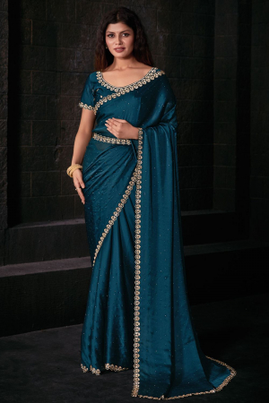 Peacock Blue Embellished Pure Satin Georgette Saree