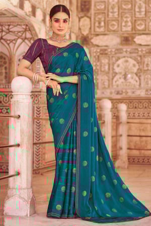 Peacock Blue Embroidered Chiffon Saree