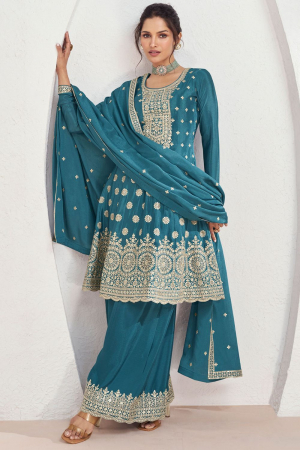 Peacock Blue Embroidered Chinnon Silk Palazzo Kameez