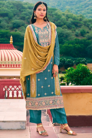 Peacock Blue Embroidered Chinnon Trouser Kameez