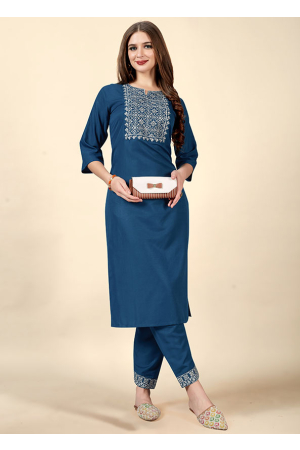 Peacock Blue Embroidered Cotton Rayon Kurti with Pant