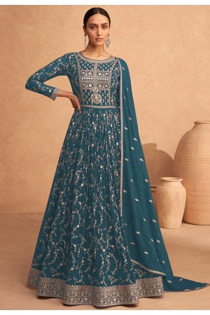 Peacock Blue Embroidered Faux Georgette Anarkali Suit