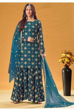 Peacock Blue Embroidered Faux Georgette Palazzo Kameez
