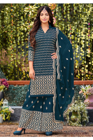 Peacock Blue Embroidered Faux Georgette Palazzo Kameez