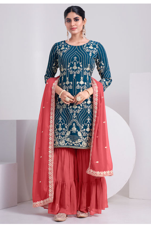 Peacock Blue Embroidered Faux Georgette Sarara Kameez