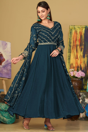Peacock Blue Embroidered Georgette Anarkali Suit