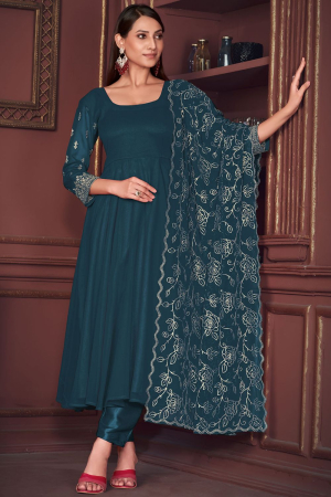 Peacock Blue Embroidered Georgette Anarkali Suit
