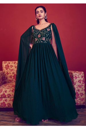 Peacock Blue Embroidered Georgette Gown with Dupatta