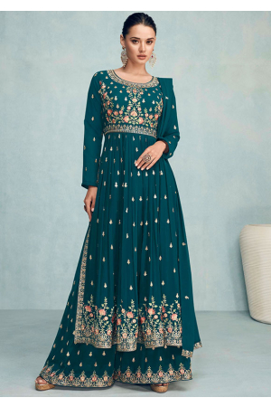 Peacock Blue Embroidered Georgette Palazzo Kameez