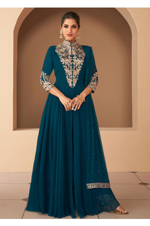 Peacock Blue Embroidered Georgette Pant Kameez