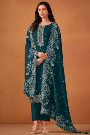 Peacock Blue Embroidered Georgette Pant Kameez for Festival