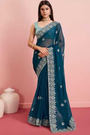 Peacock Blue Embroidered Georgette Saree for Festival