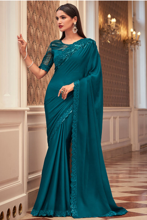 Peacock Blue Embroidered Georgette Saree