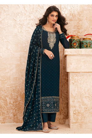 Peacock Blue Embroidered Georgette Trouser Kameez