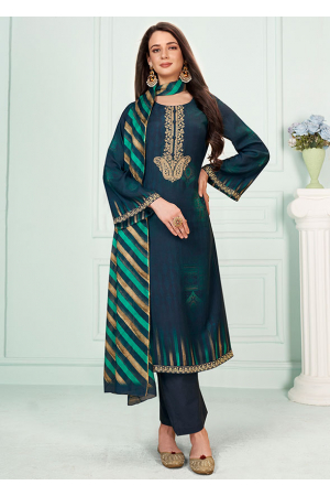 Peacock Blue Embroidered Muslin Pant Kameez