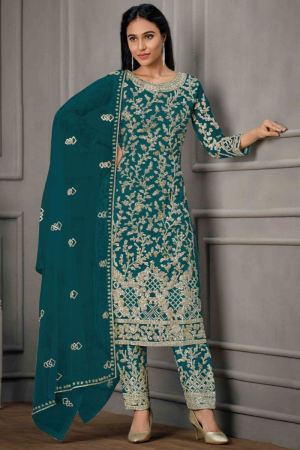 Peacock Blue Embroidered Net Pant Kameez for Festival