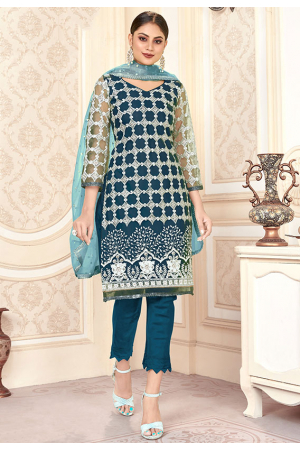 Peacock Blue Embroidered Net Pant Kameez