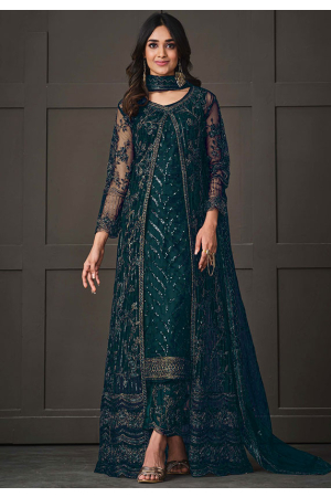 Peacock Blue Embroidered Net Pant Kameez with Jacket