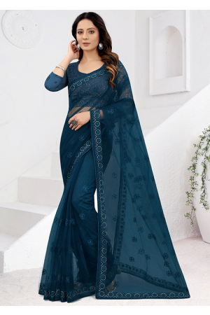 Peacock Blue Embroidered Net Saree