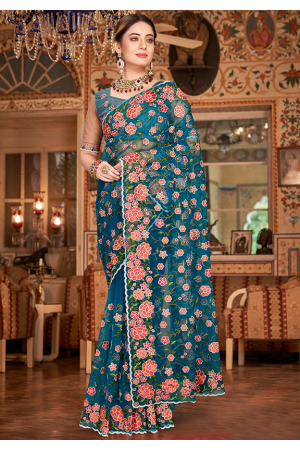 Peacock Blue Embroidered Net Saree