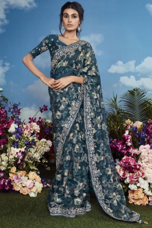 Peacock Blue Embroidered Pure Brasso Designer Saree