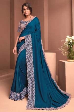 Peacock Blue Embroidered Silk Georgette Saree