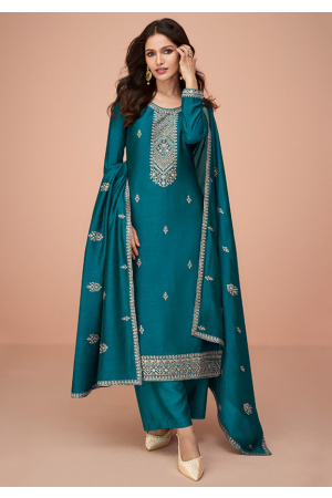 Peacock Blue Embroidered Silk Palazzo Kameez