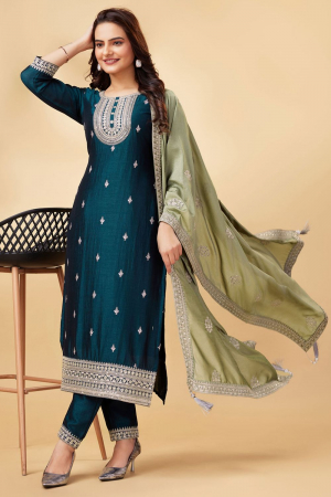 Peacock Blue Embroidered Silk Partywear Suit