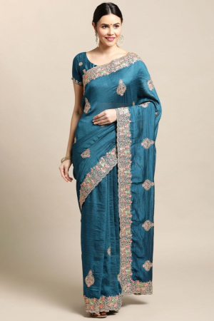 Peacock Blue Embroidered Silk Saree for Festival