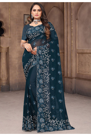 Peacock Blue Georgette Embroidered Saree
