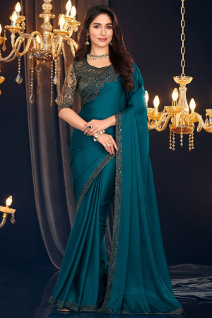 Peacock Blue Georgette Saree with Embroidered Blouse