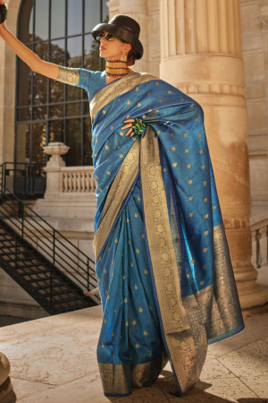 Peacock Blue Handloom Spun Silk Woven Saree