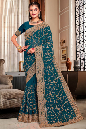 Peacock Blue Heavy Embroidered Georgette Saree
