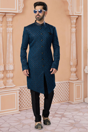 Peacock Blue Heavy Wedding Wear Indo Sherwani