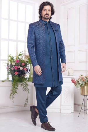 Peacock Blue Jacquard Art Silk IndoWestern