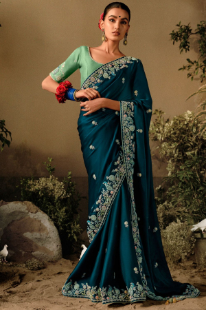 Peacock Blue Khatli Work Designer Saree for Wedding