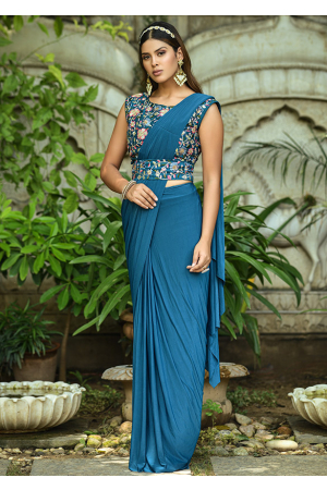 Peacock Blue Lycra Saree with Readymade Blouse