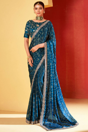 Peacock Blue Moss Chiffon Saree with Embroidered Blouse
