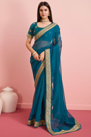 Peacock Blue Organza Saree with Embroidered Blouse