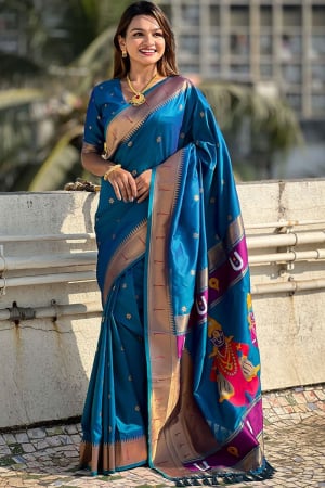 Peacock Blue Paithani Weaving Soft Silk Saree